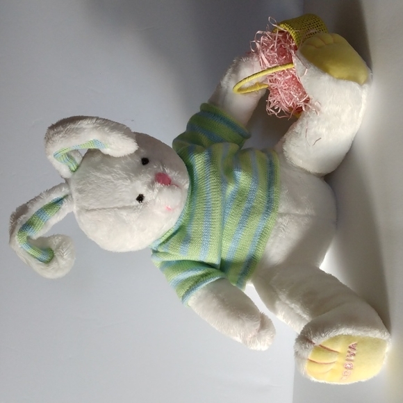 Bando toys USA, white bunny with basket and knitted green sweater paw has Godiva - Picture 1 of 11